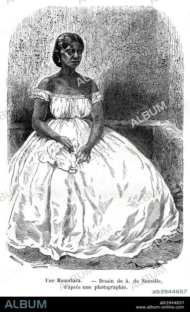 'Une Mamaluca', Brazil, 19th century. Portrait of a Brazilian woman in a full-length dress.