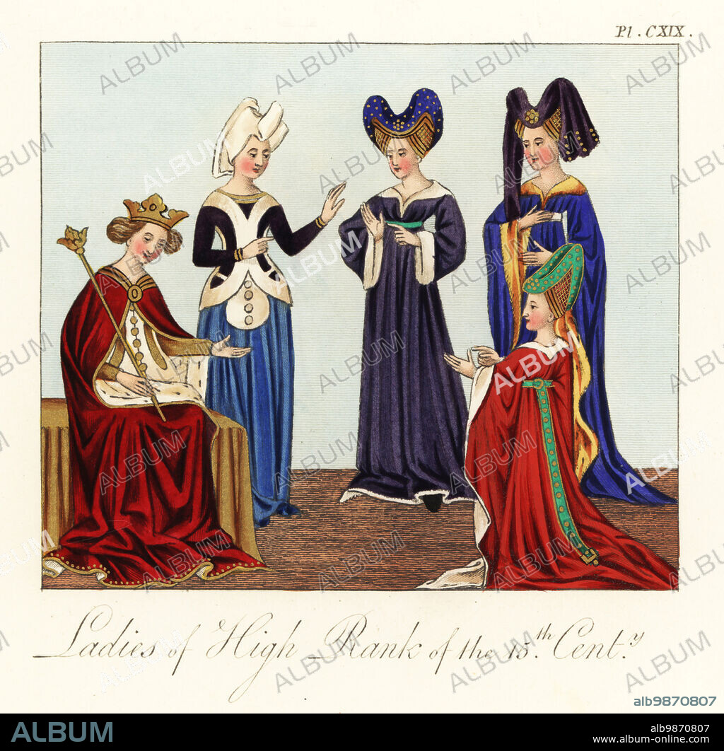 Margaret of Anjou, Queen of Henry VI of England, in ermine mantle with crown and sceptre, and noblewomen courtiers in butterfly hennin or escoffion headwear and wide-sleeved robes, 15th century. Marguerite from f.2v, dedicatory verses, and ladies from f.403r, Alain Chartier, Breviaire des nobles, of the Talbot Shrewsbury Book, Royal MS 15 E vi, British Library. Handcoloured engraving by Joseph Strutt from his Complete View of the Dress and Habits of the People of England, Henry Bohn, London, 1842.
