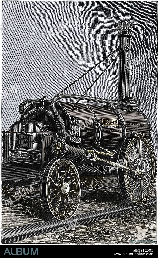 George Stephenson's locomotive 'Rocket', 1829 (1892). On 11 October 1829 'Rocket' won the Rainhill Trials, a competition held to determine the engine to be used on the Liverpool to Manchester Railway.  (Colorised black and white print).