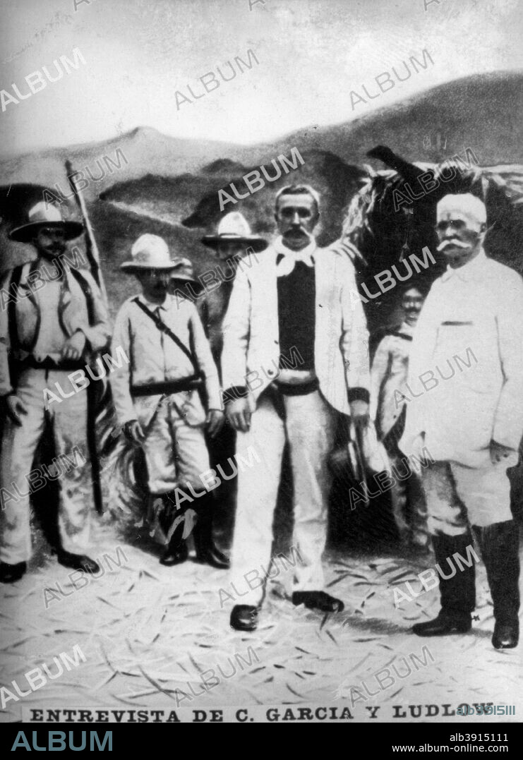 Meeting  of General Garcia with Brigadier Ludlow. General Calixto Garcia spoke in Daiquiri on 30th June 1898 with Brigadier Ludlow on the war that was going to start.Cigar card from the History of Cuba, Geografico Universal, Propaganda de los Cigarros Susini y La Corona, Tabacalera Cubana.
