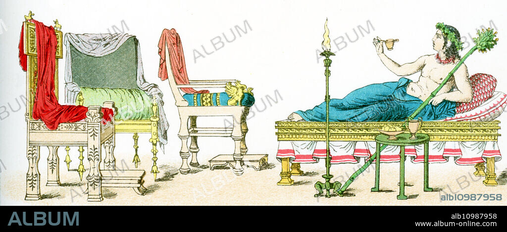 The illustration here shows ancient Greek artifacts. They are from left to right: three chairs and a couch with table and candelabrum. The illustration dates to 1882.