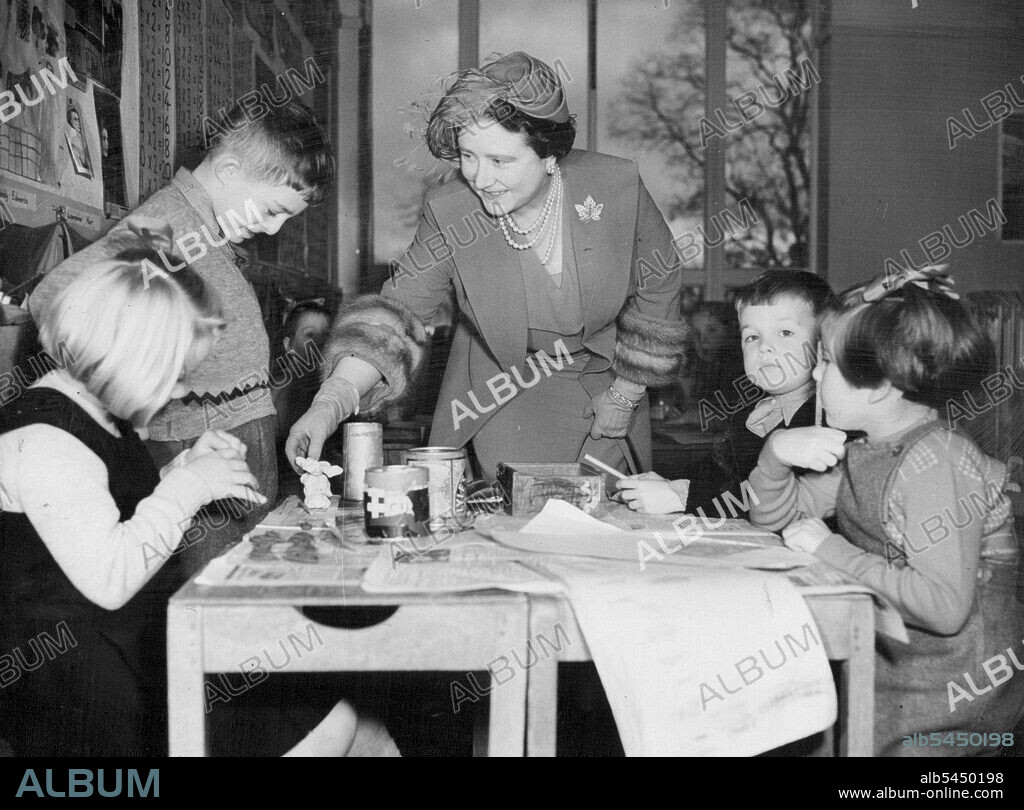 Great Day for The Speech-Handicapped Visit from Queen Mother -- Children were glad to show their work to a very interested visitor, Queen Elizabeth the Queen Mother, at Moor House School, Hurst Green Oxted, Surrey, to-day (Thursday).The Queen Mother showed her enthusiasm for a worthy cause when she visited the school which is a residential one for the training of speech-handicapped children. It ensures mat at the Children can have regular speech training without missing their regular lessons. November 26, 1953. (Photo by Reuterphoto).