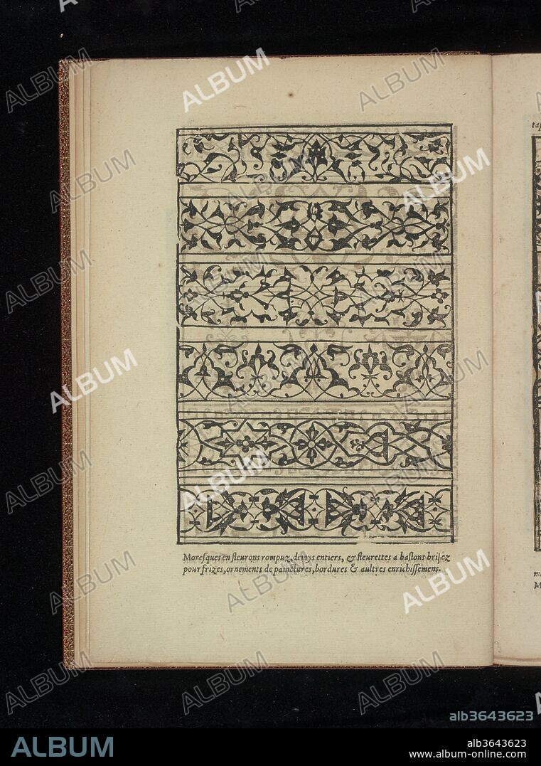 Livre de Moresques, page 2 (recto). Artist: Francesco di Pellegrino (Italian, born Florence, died 1552). Dimensions: Overall: 12 x 8 5/16 x 1/4 in. (30.5 x 21.1 x 0.7 cm). Published in: Paris. Publisher: Published by Hiérosme de Gormont; Previously published by Cornelis Bos (Netherlandish, Hertogenbosch ca. 1510?-before 1566 Groningen). Date: 1546.
This book of moresques reproduces designs by the Italian artist Francesco Pellegrino, first published in book form by the artist in Paris in 1530 under the title La Fleur de la Science de Pourtraicture. It is considered the first elaborate publication to introduce the exotic designs in Western Europe, although the ornament was known already through the import of textiles and other objects from the Near East. The publication of the ornament in books and prints immensely increased the interest of native artist and it soon became highly fashionable. 
Pellegrino's designs were reordered and presented in compressed form in the Livre de Moresque, which appears to have been published first by Cornelis Bos in Antwerp in 1543. Gormont subsequently published the book in Paris in 1546, possibly with the consent of Bos, whom had spent some time in Paris after his expulsion from Antwerp in 1544, and had settled in Germany (Nuremberg) by 1546.