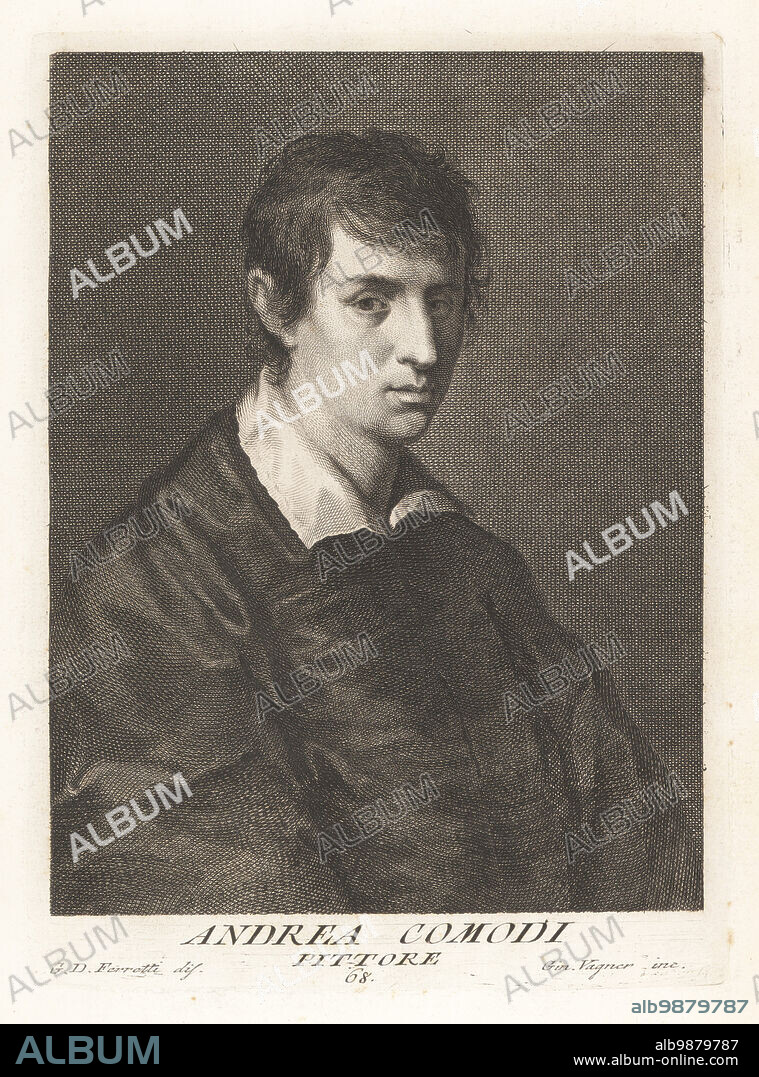 Andrea Commodi, Italian painter of the early-Baroque period, 1560-1638. Florentine artist who worked in Rome, Cortona and Florence painting Madonnas. Andrea Comodi, Pittore. Copperplate engraving by Joseph Wagner after Giovanni Domenico Ferretti after a self portrait by the artist from Francesco Moucke's Museo Florentino (Museum Florentinum), Serie di Ritratti de Pittori (Series of Portraits of Painters) stamperia Mouckiana, Florence, 1752-62.