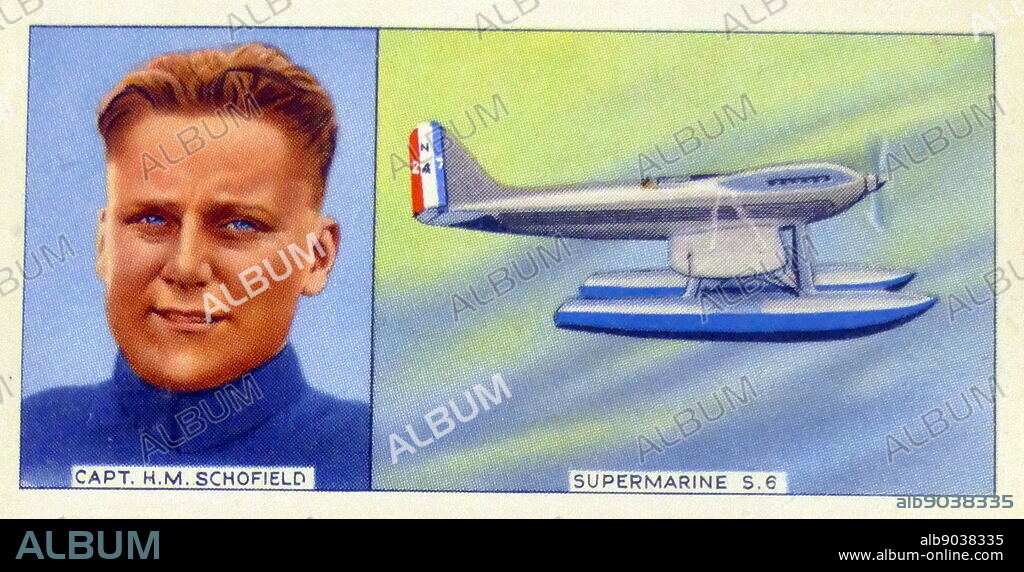 Illustration depicting Captain Harry Methuen Schofield and his Supermarine S. 6 Plane. Harry Methuen Schofield (1899-1955) a British test pilot who participated in the Schneider Trophy in 1927, and winner of the 1934 King's Cup Air Race. Dated 20th Century.