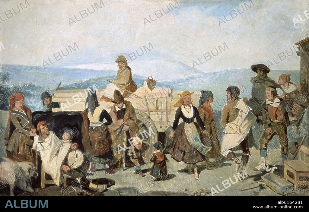 VALERIANO DOMINGUEZ BECQUER. 'Baile de campesinos en Soria', 1864, Óleo sobre tabla, 22,5 x 35,5 cm.