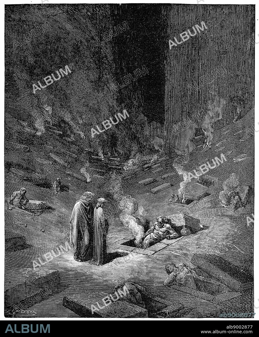 Hell: the city of Dis, Roman god of the underworld. Sinners burning in Hell 'Their lids suspended; and beneath,/ From them forth issued lamentable means' Canto X. Gustave Dore's illustrated Dante 'Inferno', 1863. Wood engraving.