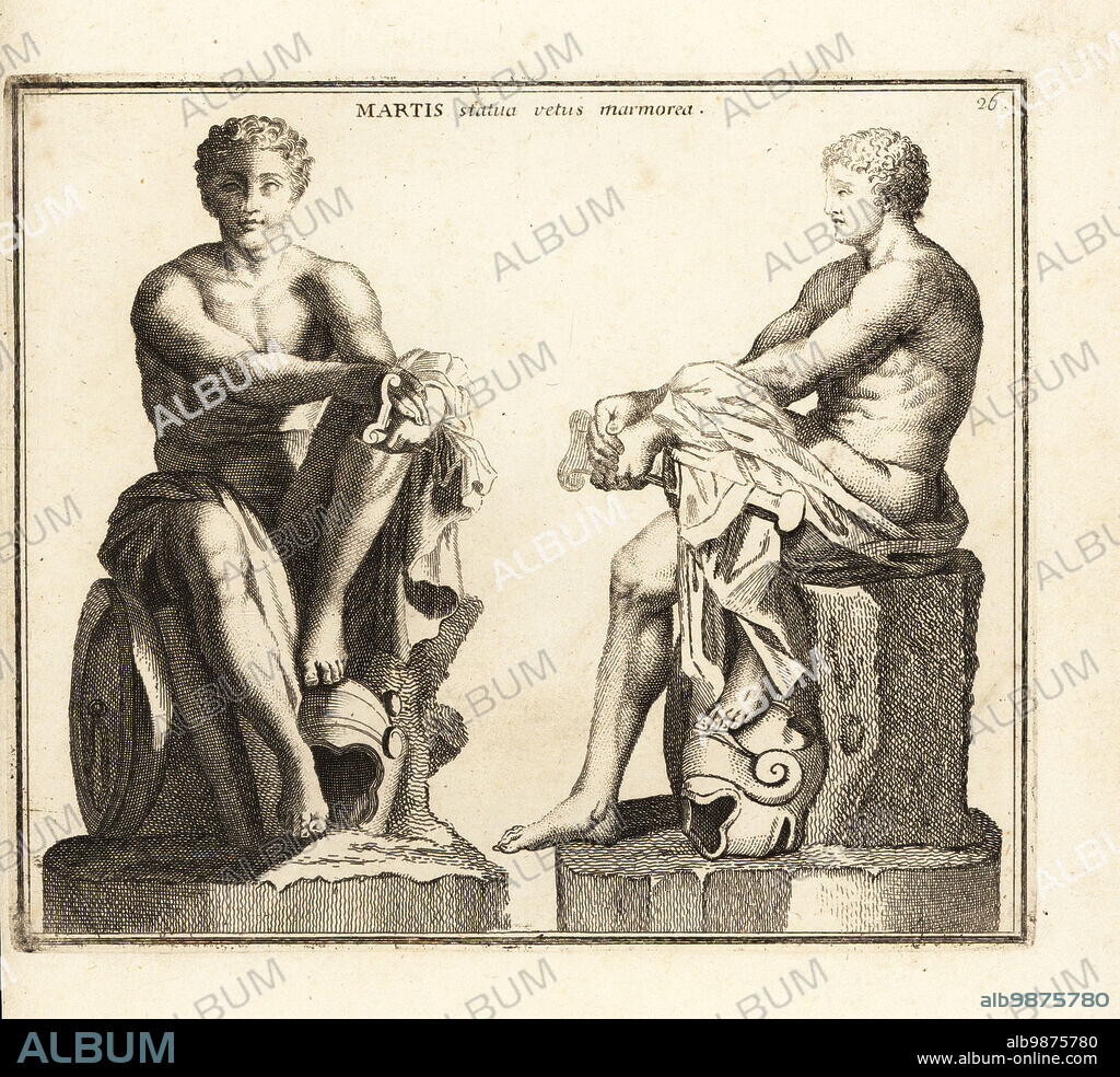 Statue of Ares/Mars, god of war, by Scopas, seated with sword and helmet, Eros/Cupid at his feet. A Roman copy of a 4th century BC Greek original. Now in the Palazzo Altemps National Roman Museum. Martis statua vetus marmorea.. Copperplate engraving by Giovanni Battista Cannetti from Copperplates of the most beautiful ancient statues of Rome, Calcografia di piu belle statue antiche a Roma, engraved by Cannetti all'Arco della Ciambella, published by Gaetano Quojani, Rome, 1779.