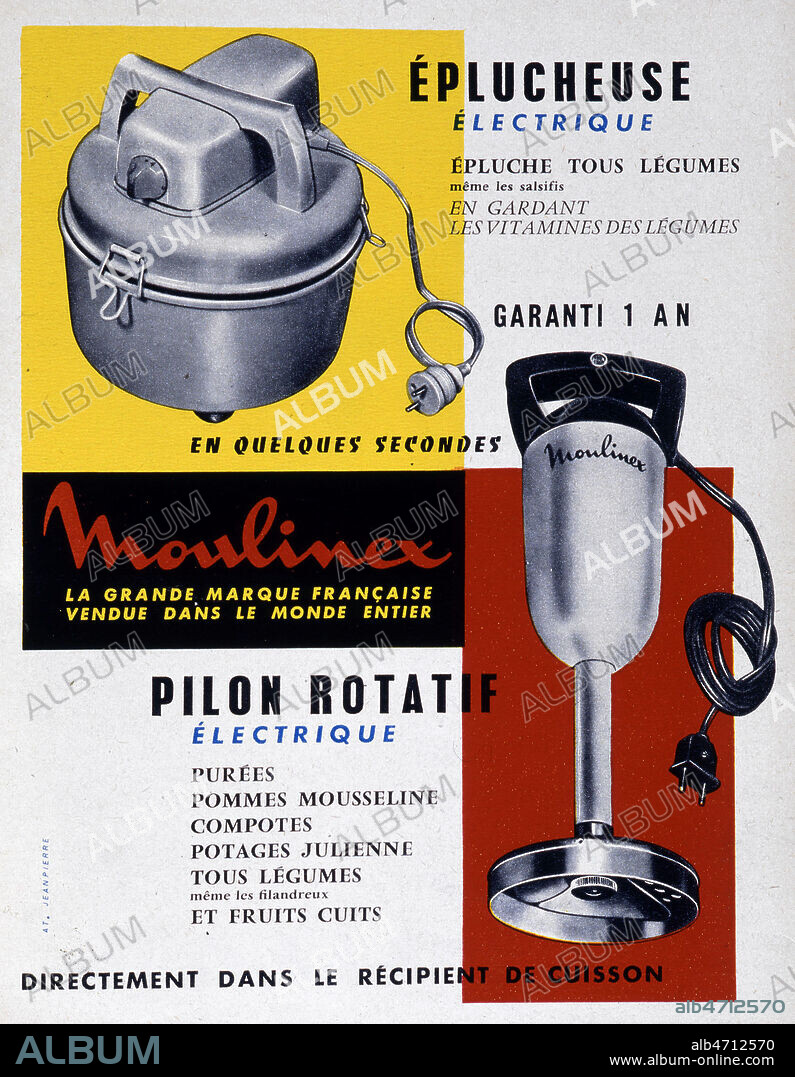 'Eplucheuse electrique, epluche tous legumes. Pilon rotatif electrique'. Publicite MOULINEX publiee dans Arts Menagers en 1958. Credit : Collection KHARBINE-TAPABOR.
