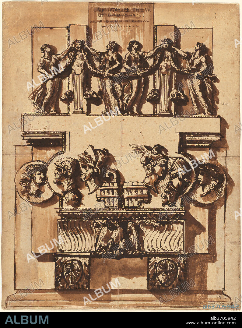 GIOVANNI BATTISTA PIRANESI. Fantasy of a Magnificent Wall Monument. Dated: 1764/1766. Dimensions: overall: 60.6 x 47.3 cm (23 7/8 x 18 5/8 in.). Medium: pen and brown ink with brown and gray washes over black chalk on laid paper.