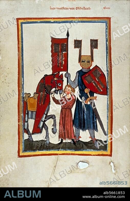 ANÓNIMO. Illumination, Zurich, c. 1310-1340. Wolfram von Eschenbach in full armour with a page and a saddled horse. Fr.: Große Heidelberger Liederhandschrift. (Codex Manesse). Heidelberg, Universitätsbibliothek, Cod. Pal. Germ. 848 fol. 149v. Heidelberg, Universitätsbibliothek.