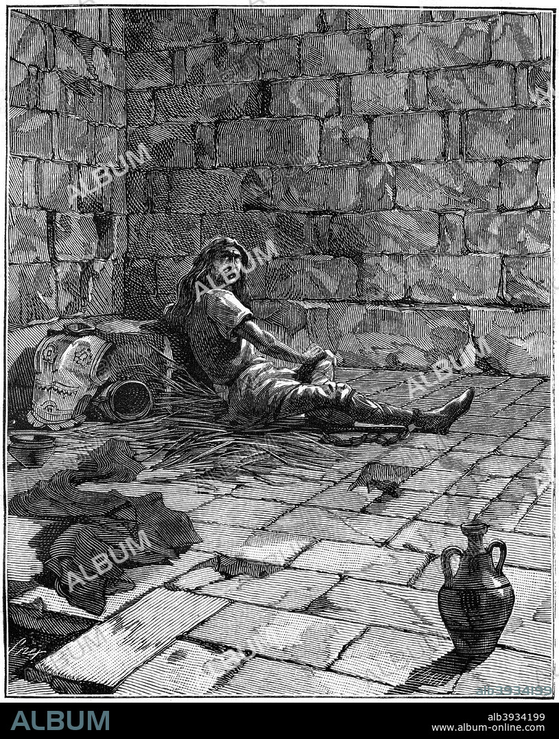 Vercingetorix imprisoned in the Tullianum in Rome, c52-46 BC (1882-1884). The Gallic chieftain Vercingetorix was chosen as king by the Arverni, a powerful tribe that occupied what is now the Auvergne. In 52 BC he led the Arverni against Roman rule but was ultimately defeated and captured by Julius Caesar at Alesia (near Dijon). Vercingetorix was then taken to Rome, where, after five years imprisonment, he was humiliated by being paraded as evidence of Rome's greatness, and was then put to death. A print from La France et les Français à Travers les Siècles, Volume I, F Roy editor, Saint-Antoine, 1882-1884.