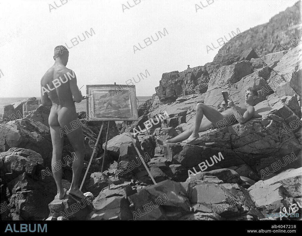 Nude modelling by the sea, 1910. A naked artist painting his friend. From the Malmo Museum Collection.
