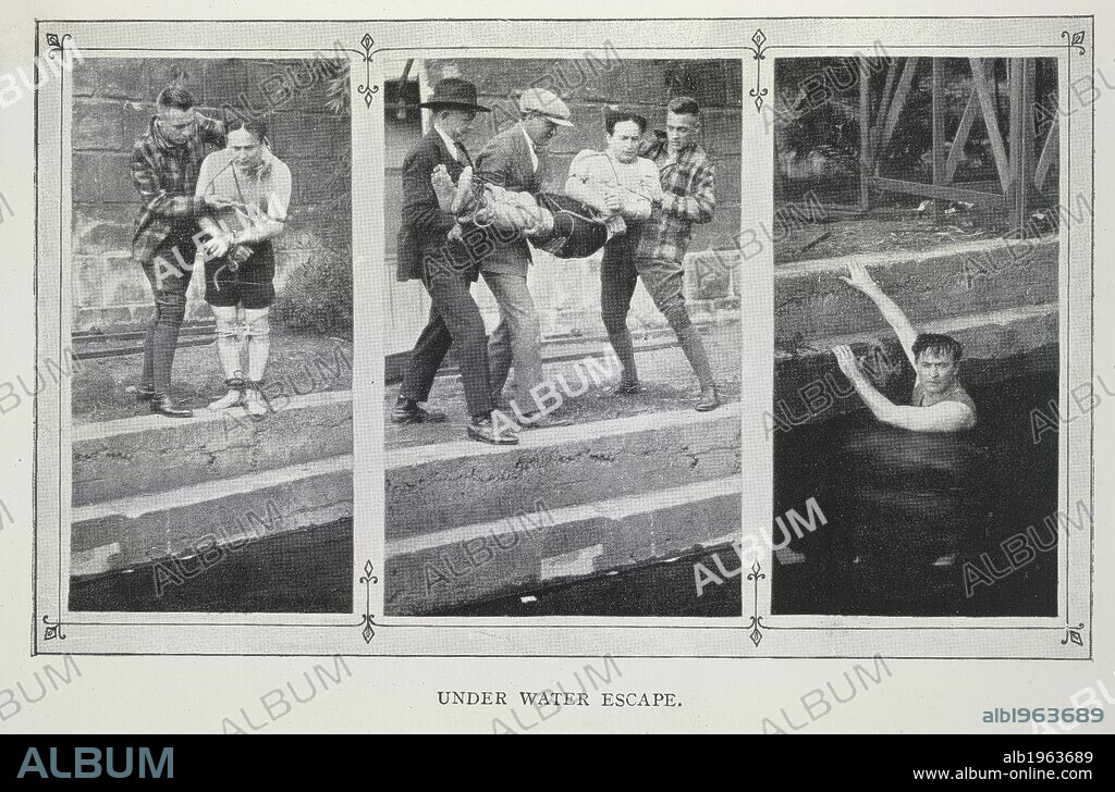 Under water escape. Three photographs showing Harry Houdini performing an escape  trick . Magical Rope Ties and Escapes  Illustrated, etc. Will Goldston:  London, [1921.] - Album alb1963689