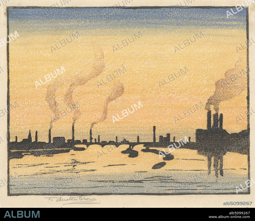 Industrial Landscape, Print made by Thomas Austen Brown, 18571924, British, undated, Color woodcut on medium, slightly textured, cream Asian paper, Sheet: 6 5/8 x 8 1/8 inches (16.8 x 20.6 cm) and Image: 6 x 7 5/8 inches (15.2 x 19.4 cm), buildings, city, cityscape, industrial town, industry, landscape, sky, smoke, smokestacks, sunset, water.