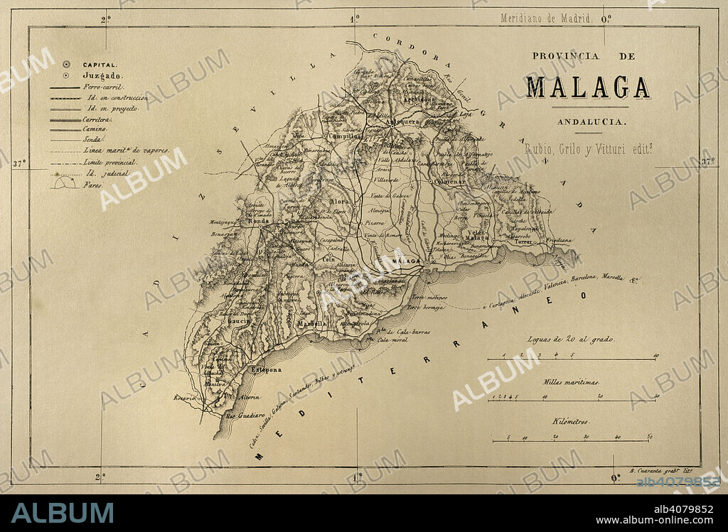 Map of the Malaga province, Andalusia, Spain. Crónica General de España, Historia Ilustrada y Descriptiva de sus Provincias (General Chronicle of Spain, Illustrated and Descriptive History of its Provinces), Andalucia, 1869.
