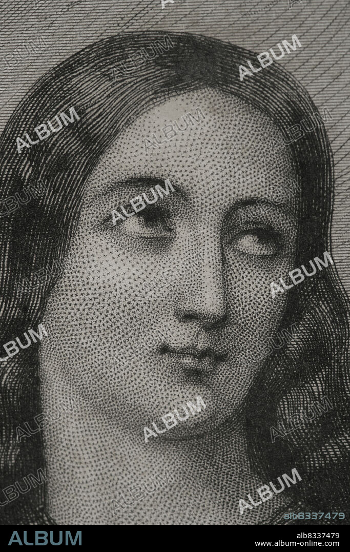 CHARLES GEOFFROY (1819-1882). FRENCH ENGRAVER.. Santa Juana de Arco (1412-1431), llamada la Doncella de Orleans. Heroína francesa. Murió quemada en la hoguera en 1431. Beatificada en 1909 y canonizada en 1920. Retrato. Grabado por Geoffroy. Detalle. Historia Universal, por César Cantú. Tomo IV, 1856.