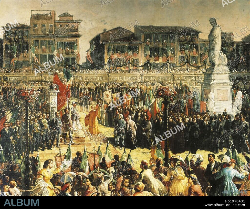 Victor Emmanuel II at the unvailing of the monument to Dante in the Piazza della Signoria, Florence, 1865, by Vincenzo Giacomelli (1841-1890). Detail. Italy, 19th century.