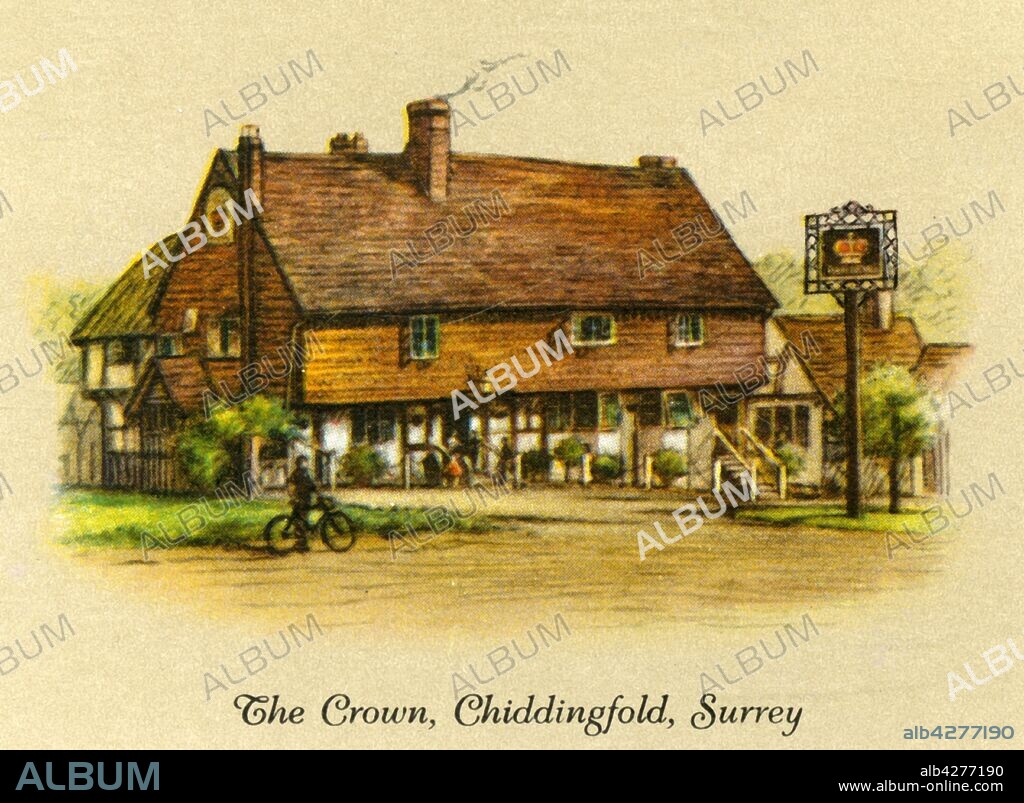 'The Crown, Chiddingfold, Surrey', 1936. The Crown Inn, Chiddingfold, one of the oldest pubs in England, built as a Rest House for monks on pilgrimage in 1285. Edward VI visited in 1552, Queen Elizabeth I in 1591. From "Old Inns - A Series of 40", 1936. [W. D. & H. O. Wills, 1936].