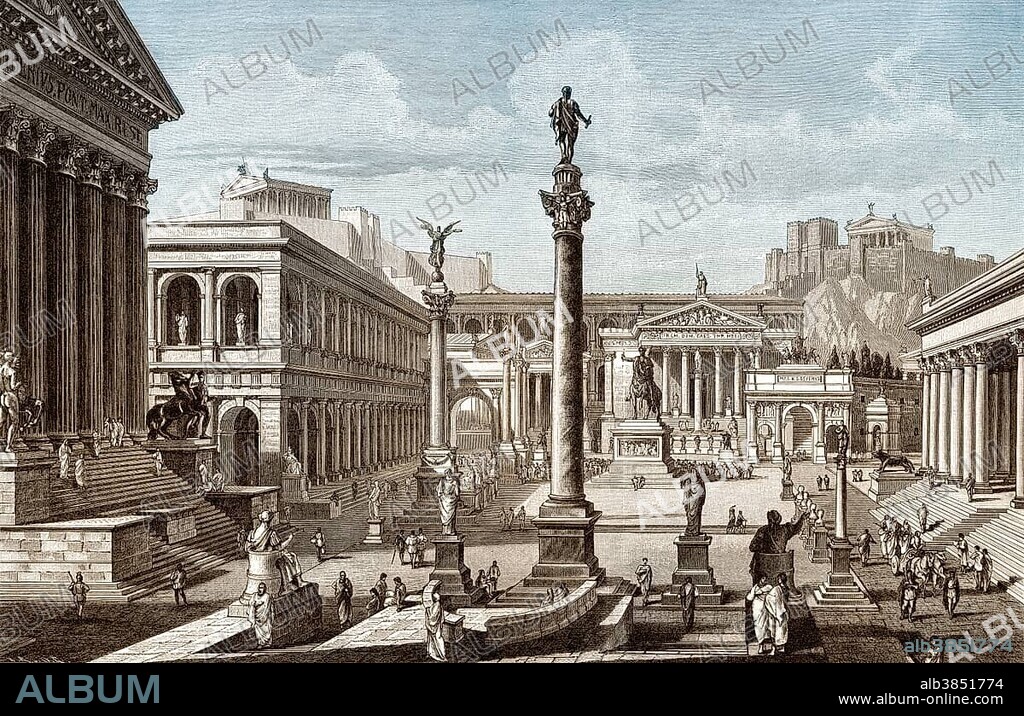 Reconstruction of the Roman Forum in ancient Rome, historical illustration