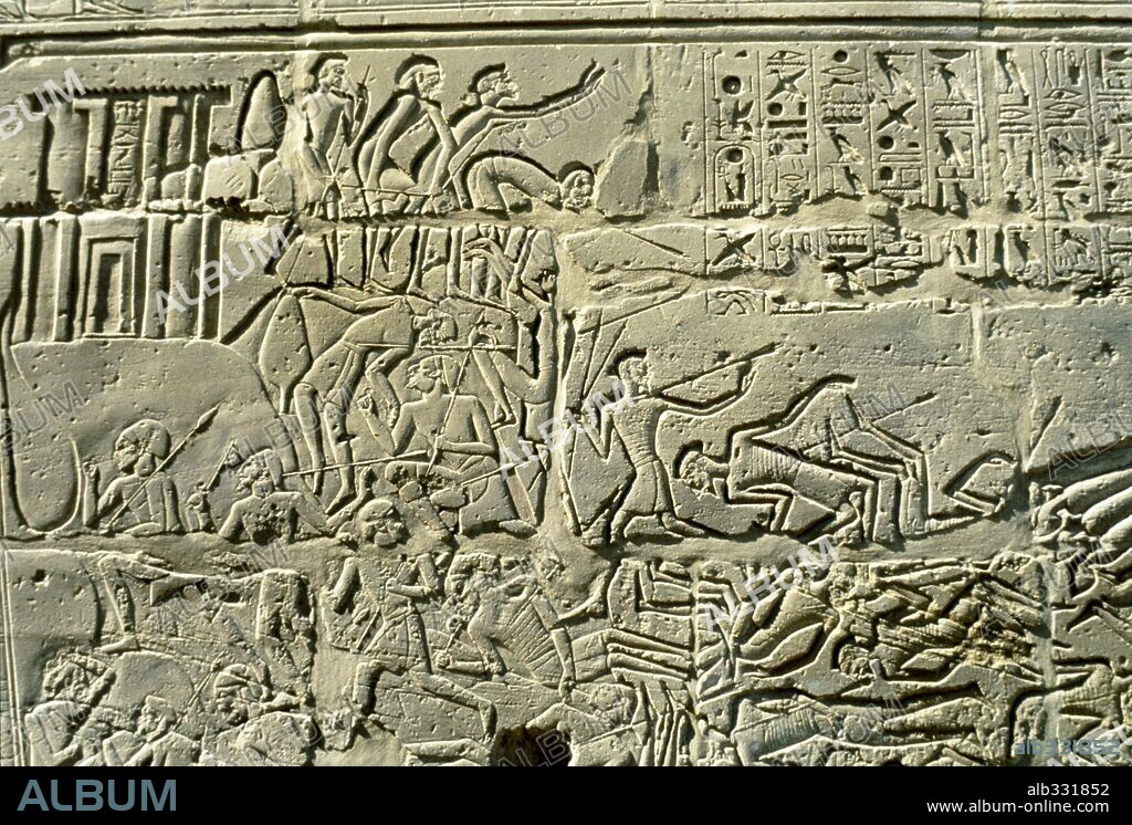 Relief of Battle of Kadesh showing army of Pharaoh Rameses II fighting Hittite enemy of King Muwatallis 1294BC. Karnak Luxor Egypt.