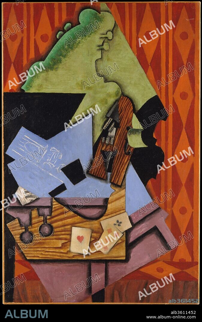 Violin and Playing Cards on a Table. Artist: Juan Gris (Spanish, Madrid 1887-1927 Boulogne-sur-Seine). Dimensions: 39 1/2 × 25 3/4 in. (100.3 × 65.4 cm). Date: 1913.
Gris composed this work during a three-month trip in 1913 to the small village of Céret in the Pyrenees. While this painting is not signed or dated, its colorful Cubist style of broad, angular, overlapping planes indicates that it belongs to a group of still lifes produced at this time. Here, Gris has painted a wood-grain table with three playing cards--heart, diamond, and club--a violin, and a copy of the newspaper Le Journal. The rust-red diamond pattern in the background emulates wallpaper and provides the fragmented image with the suggestion of depth.