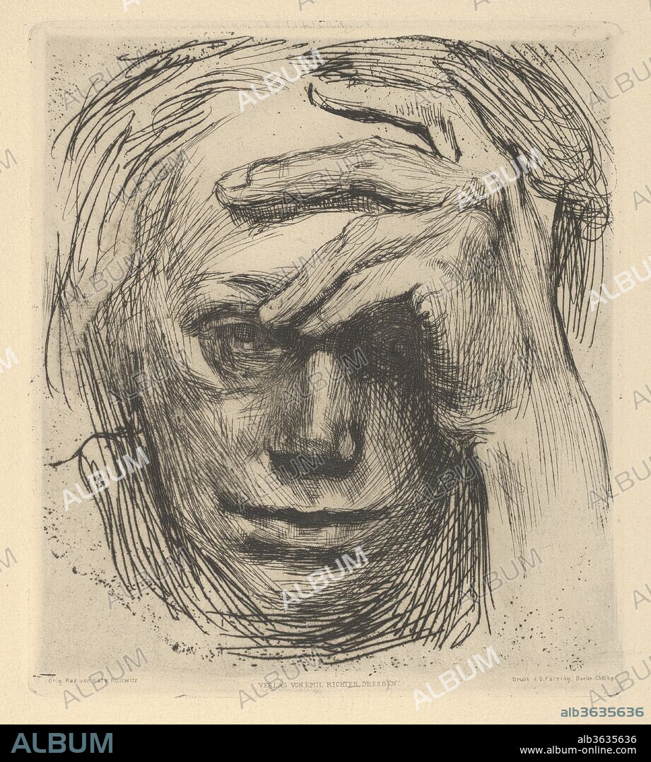 KÄTHE KOLLWITZ. Self-Portrait with Hand on the Forehead (Selbstbildnis mit der Hand an der Stirn). Artist: Käthe Kollwitz (German, Kaliningrad (Königsberg) 1867-1945 Moritzburg). Dimensions: image: 6 x 5 1/4 in. (15.2 x 13.3 cm)
sheet: 17 5/8 x 12 1/4 in. (44.8 x 31.1 cm). Date: 1910.