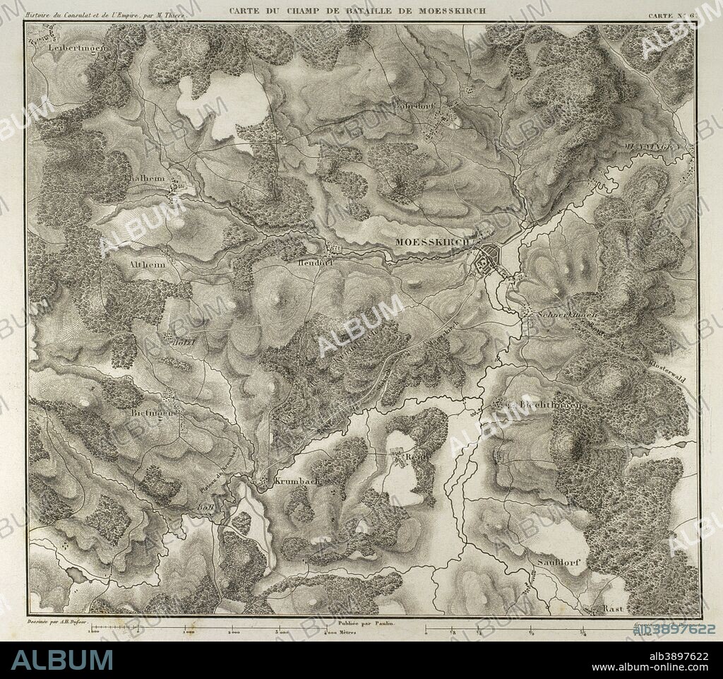 Map of the Battle of Moesskirch, 4th-5th May 1800, between the armies of France and the Holy German Roman Empire.  War of the Second Coalition (context of the French Revolutionary Wars, with French victory). Atlas de l'Histoire du Consulat et de l'Empire. History of the Consulate and the Empire of France under Napoleon by Marie Joseph Louis Adolphe Thiers (1797-1877). Drawings by Dufour, engravings by Dyonnet. Edited in Paris, 1864.