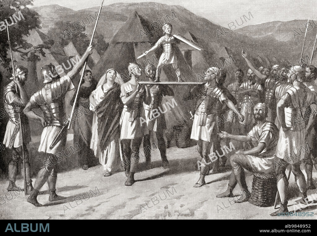 The origin of Caligula's name. The young Gaius earned the nickname "Caligula" (meaning "little soldier's boot", the diminutive form of caliga, hob-nailed military boot) from his father's soldiers while accompanying him during his campaigns in Germania. Gaius Julius Caesar Augustus Germanicus, AD 12 Ã¢â‚¬â€œ AD 41. Roman emperor. From Hutchinson's History of the Nations, published 1915.