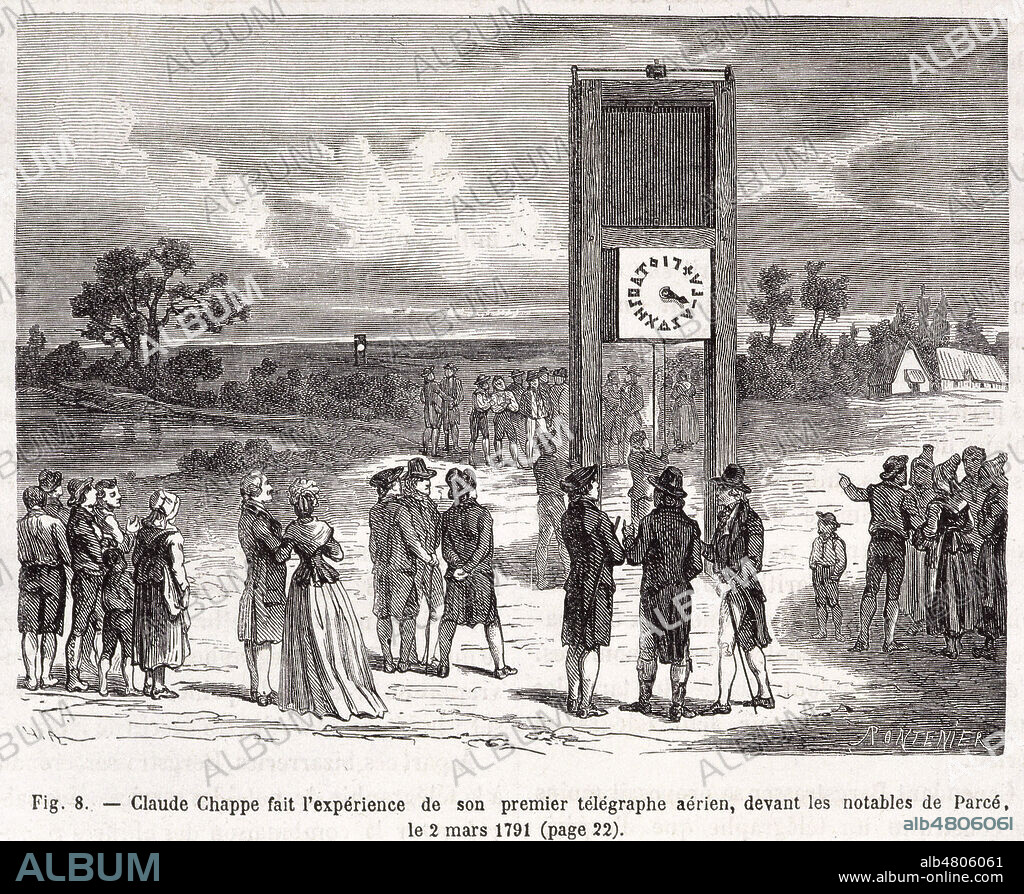 'Claude CHAPPE (1763-1805) fait l'experience de son premier telegraphe aerien devant les notables de Parce (02/03/1791)'. Gravure tiree des Merveilles de la Science de Louis FIGUIER (1819-1894), vers 1865. Credit : Collection KHARBINE-TAPABOR.