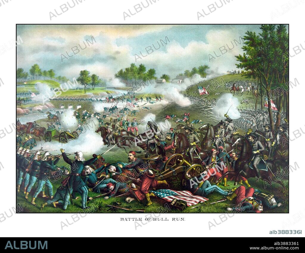 Vintage Civil War painting of Union and Confederate troops fighting at The Battle of Bull Run, also known as The Battle of Manassas.