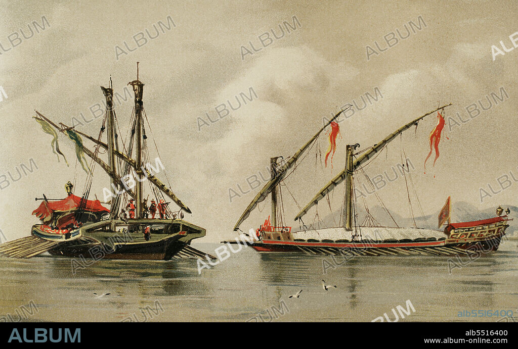 Historia de la navegación. Galeras del siglo XVI. Cromolitografía. Historia General de España, por Modesto Lafuente. Tomo II. Editada en Barcelona, 1879.
