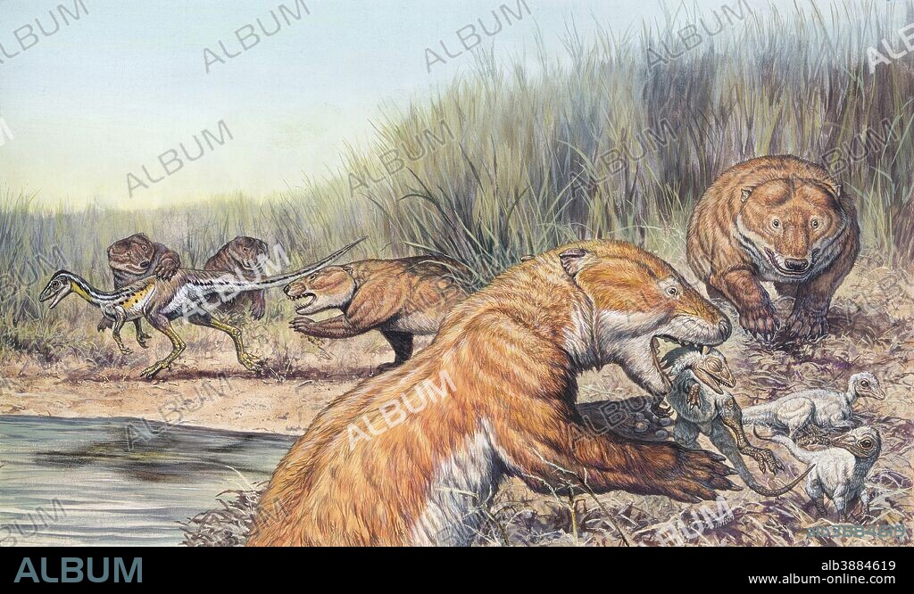 Repenomamus mammals hunting for prey during the Mid-Jurassic Period of Europe.