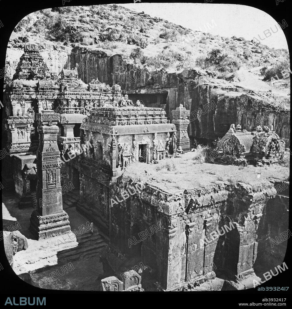 Caves of Ellora, Maharashtra, India, late 19th or early 20th century. Ellora is famous for its ancient rock temples, a series of caves carved out of the rocky hillside, one and a quarter miles long, in three sections: Buddhist, Brahmanical and Jain. Lantern slide.