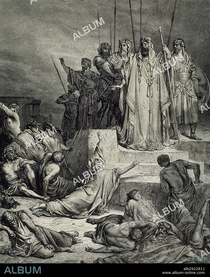 Old Testament. The Famine in Samaria. Bible engraving by Gustave Dore, 19th century.
