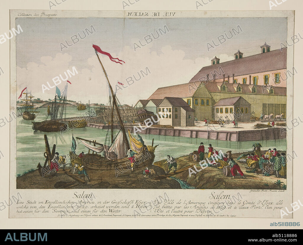 Artist: Balthazar Frederic Leizelt, Collection des Prospects - Vue de Salem; Salem, Une Ville de lAmerique Angloise dans le Comte dEssex, elle; (Salem. Mass.), Engraving, hand colored, Sheet: 31.5 × 42.5 cm (12 3/8 × 16 3/4 in.), Made in France, German, French, 19th century, Works on Paper - Prints.