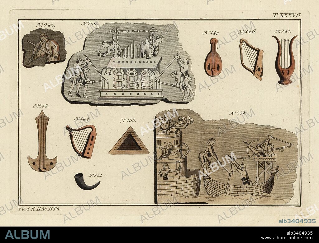 Norman instruments: violins 243, 245, a pipe organ 244, harps 246,249, lyre 247, lute 248, zither 250, hunting horn 251, and siege of a castle by archers and soldiers on a boat 252. Handcoloured copperplate engraving from Robert von Spalart's Historical Picture of the Costumes of the Principal People of Antiquity and of the Middle Ages, Chez Collignon, Metz, 1810.