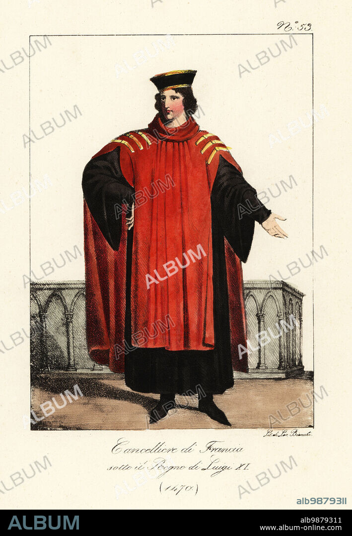 Jean II Juvenal des Ursins, French cleric and historian, 13881473. Chancellor of France during the reign of King Louis XI. In cap, scarlet tunic over crimson robes. Juvenel des Ursins, Chancelier de France. Regne de Louis XI, 1470. Handcoloured lithograph by Lorenzo Bianchi after Hippolyte Lecomte from Costumi civili e militari della monarchia francese dal 1200 al 1820, Naples, 1825. Italian edition of Lecomtes Civilian and military costumes of the French monarchy from 1200 to 1820.