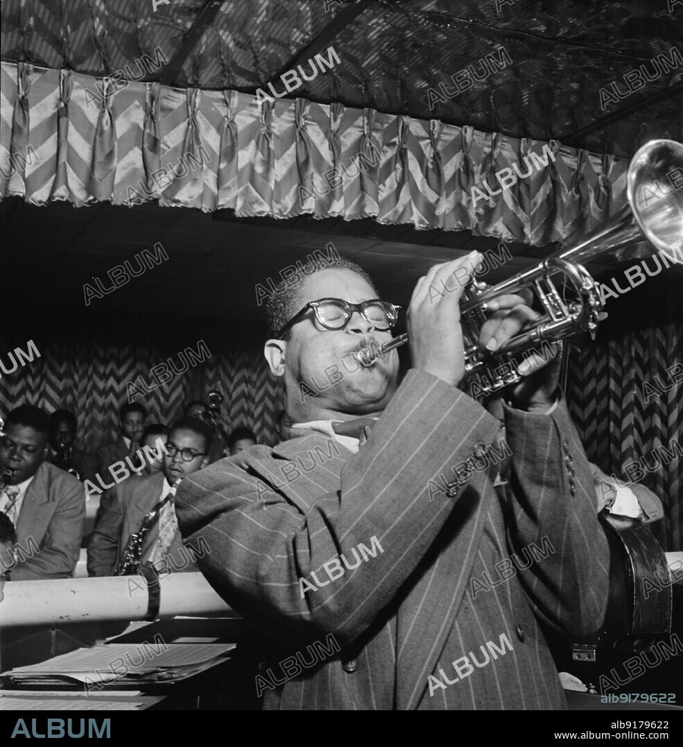 WILLIAM PAUL GOTTLIEB. Portrait of < Name not Found! >, John Lewis, Cecil Payne, Ray Brown, and Miles Davis, Downbeat, New York, N.Y., 1946.