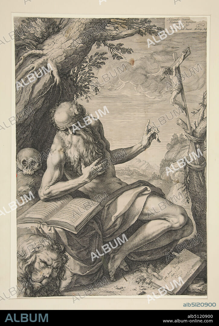 Engraver: Hendrick Goltzius, Dutch, 15581617, After: Palma Giovane (Jacopo Negretti), Italian, ca. 15481628, St. Jerome in the Desert, Engraving, 16 × 11 in. (40.6 × 27.9 cm), Made in The Netherlands, Dutch, 16th century, Works on Paper - Prints.