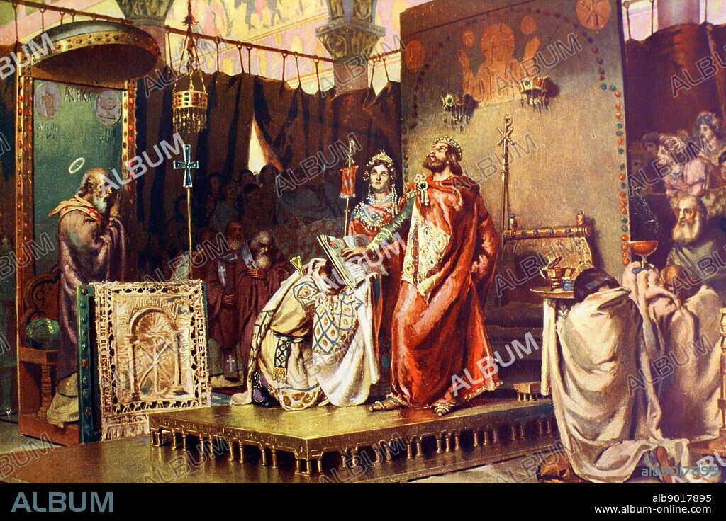 "The Conversion of Recaredo" by M.Degrain (a copy of a J. Segrelles original Circa 587 AD). Showing Recaredo publicly accepting the Catholic faith after months of preaching by the Archbishop.
