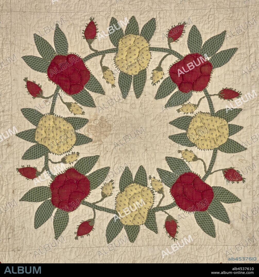 Eli Lilly Family Album Quilt, Unknown, 1847, cotton, appliquéd, embroidered, and quilted, 104-1/2 x 105-1/2 in., Signed, near center of each of 20 squares, by friends and family of Eli Lilly: Top row, left to right: Magdaline Emmart Balto. Co., Caleb F. Lilly, Maria Johnson, Evan Lilly, Elizabeth Adeline Emmart, Second row, left to right: Ann Emmart, [no inscription], Mary Ann Seymour, Emily Jane x Lilly . Balto. Co, [no inscription] Third row, left to right: [no inscription], Gustavus Lilly, [no inscription], Amanda Barnett Balto. Co., Edwin Lilly Fourth row, left to right: Rachel Wolf Balto. Co., Eli Lilly, Bell [or Bill] Barnett. Wheatland Balto. Co, Abel Seymour, Wm A. Disney, Bottom row, left to right: A. Josephine Ridgley, Clay Hill Balto. Co., Mary Luth George, Minerva Ann Lilly, Madaleine Barnett, [no inscription], other title, Baltimore album quilt, American, Textile and Fashion Arts.