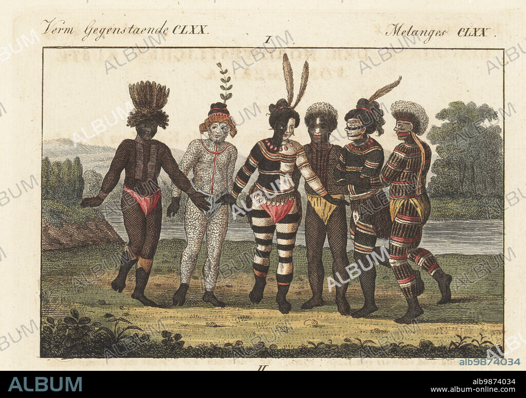 Muwekma Ohlone tribe dancing at Mission San Jose, Fremont, California. Dancers in red, black and white body paint with feathers in their hair. Native American dancers of the west coast. Copied from an illustration by artist Georg Langsdorff in Captain Adam Johann von Krusenstern's Voyage autour du Monde, 1810. Handcoloured copperplate engraving from Carl Bertuch's Bilderbuch fur Kinder (Picture Book for Children), Weimar, 1812. A 12-volume encyclopedia for children illustrated with almost 1,200 engraved plates on natural history, science, costume, mythology, etc., published from 1790-1830.