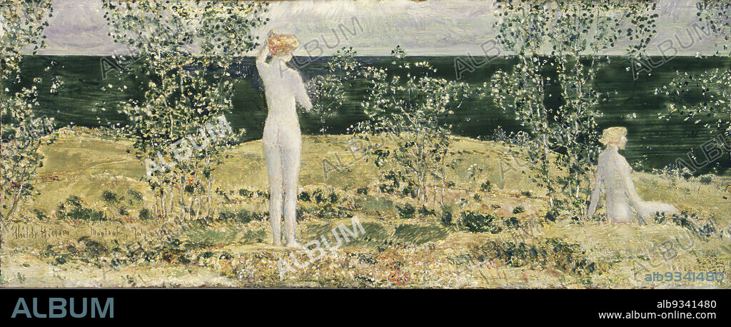 Montauk, Frederick Childe Hassam, American, 1859-1935, Oil on panel, 1921, 6 7/8 x 17 11/16 in., 17.5 x 45 cm, american, back, ethereal, Impressionism, lounge, naked, painting, pale, paradise, people, trees, utopian, women.
