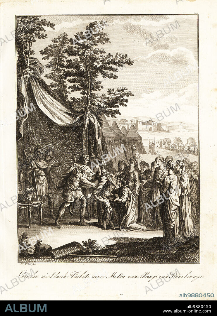 Gnaeus Marcius Coriolanus beseeched by his mother Veturia, wife Volumnia and his two sons, to halt his attack on Rome, 5th Century BC. Roman general Corolianus had led a Volscian army to besiege Rome. Coriolan flechi par sa mere. Copperplate engraving by Joseph Stöber after a design by Hubert-François Gravelot from Professor Joseph Rudolf Zappes Gemalde aus der romischen Geschichte, Pictures of Roman History, Joseph Schalbacher, Vienna, 1800. German edition of Abbe Claude Francois Xavier Millots Abrege de lHistoire Romaine.