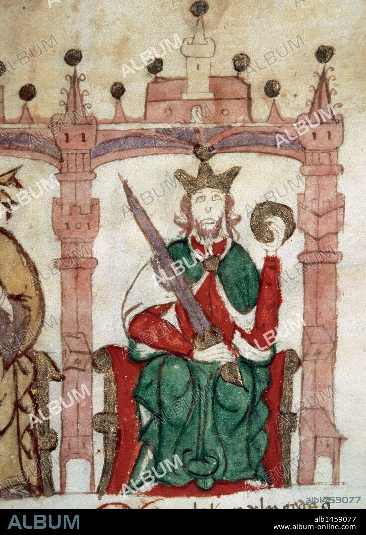 ATANAGILDO. Rey visigodo (51-567). Elegido por los enemigos de Agila durante una sublevación de la Bética. Para consolidar su posición llamó en su auxilio a los bizantinos, que enviaron una escuadra desde Sicilia al mando de Liberio, derrotando a Agila en Sevilla. Miniatura de "Semblanzas de Reyes". Biblioteca Nacional. Madrid. España.