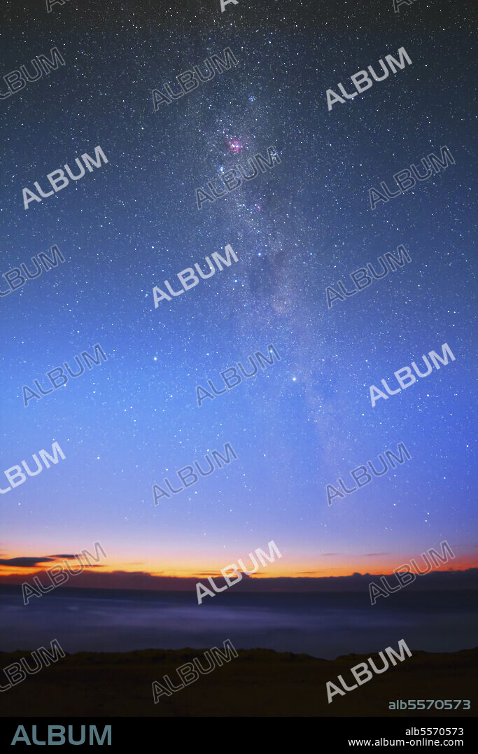 The Eta Carina nebula and the Milky Way visible at dawn with the naked eye, Miramar, Argentina.