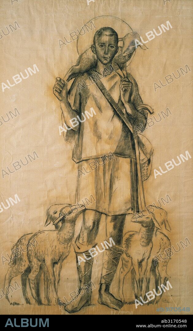 RELIGION CATOLICA. CRISTIANISMO. SIGLO XX. Dibujo a carbón con la representación del "BUEN PASTOR". Tamaño: 182 x 113 cm. Año 1951. Museu del Monestir del Montserrat. Autor: Josep Obiols i Palau (Sarria 1894-Barcelona, 1967). Cataluña.