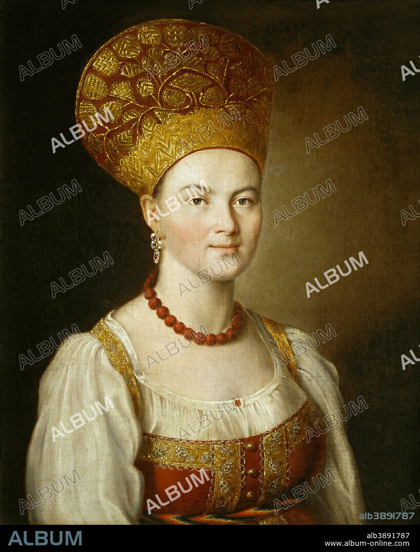 IVAN ARGUNOV. Portrait of an Unknown Woman in Russian Costume. Date/Period: 1784. Painting. Oil on canvas. Height: 67 cm (26.3 in); Width: 53.6 cm (21.1 in).