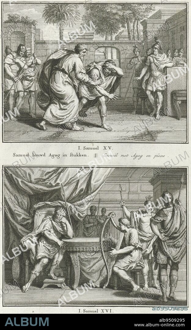 Samuel cuts Agag in pieces, and David plays harp for Saul, Jacob Folkema, 1791, Two Biblical representations from 1 Sam. 15 and 16. Samuel cuts Agag in pieces, and David plays harp for Saul. Two representations of one plate, each titled in Dutch and French. Numbered in the lower right: 49., print maker: Jacob Folkema, (mentioned on object), publisher: Johannes de Groot (II), publisher: Abraham Blussé & Zoon, publisher: Amsterdam, publisher: Dordrecht, 1791, paper, etching, h 323 mm × w 191 mm.